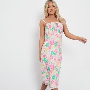 Floral Square Neck Midi Dress with Ruched Bust and Slit